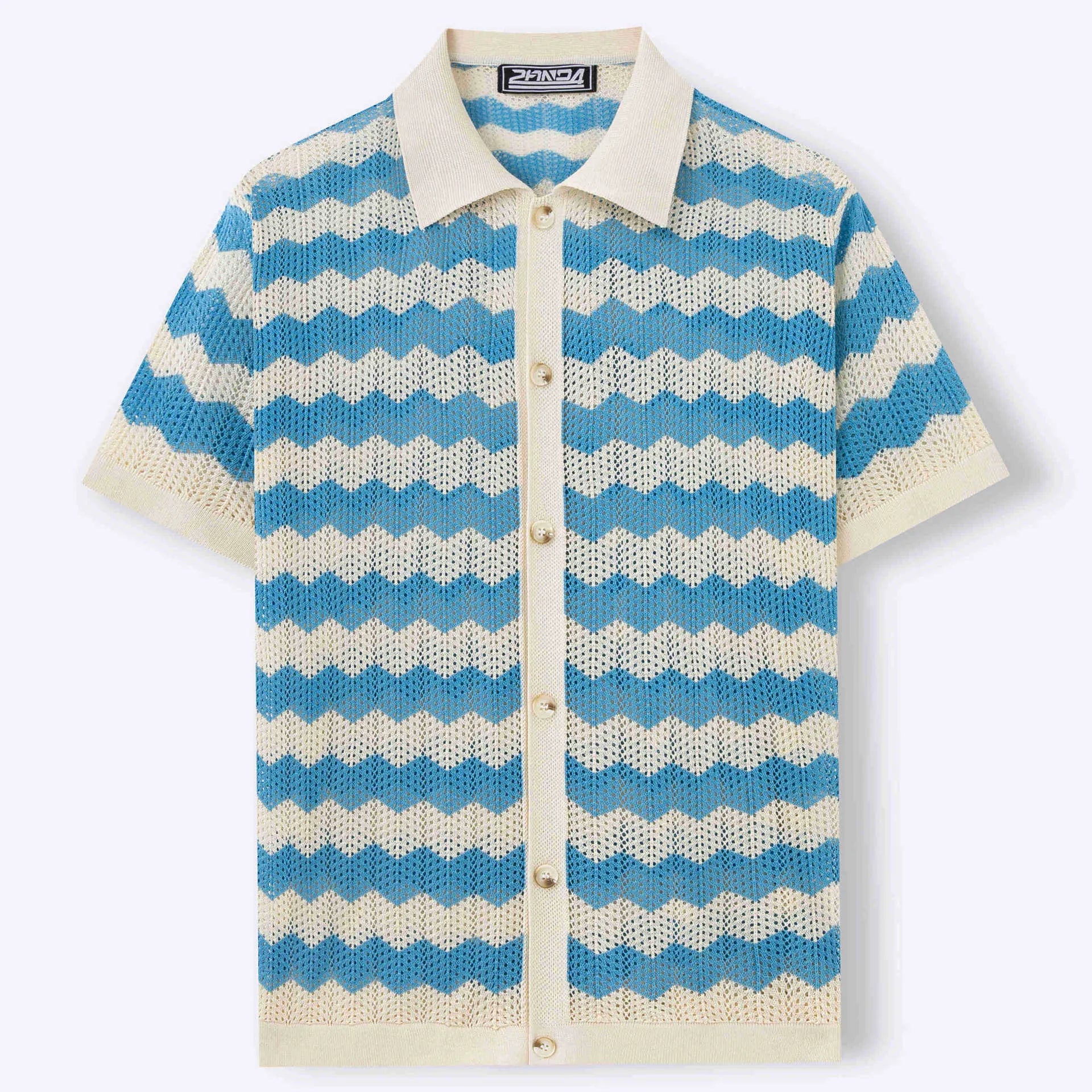 Short sleeve corrugated Tencel sweater with a blue hollow jacquard texture on a hanger.