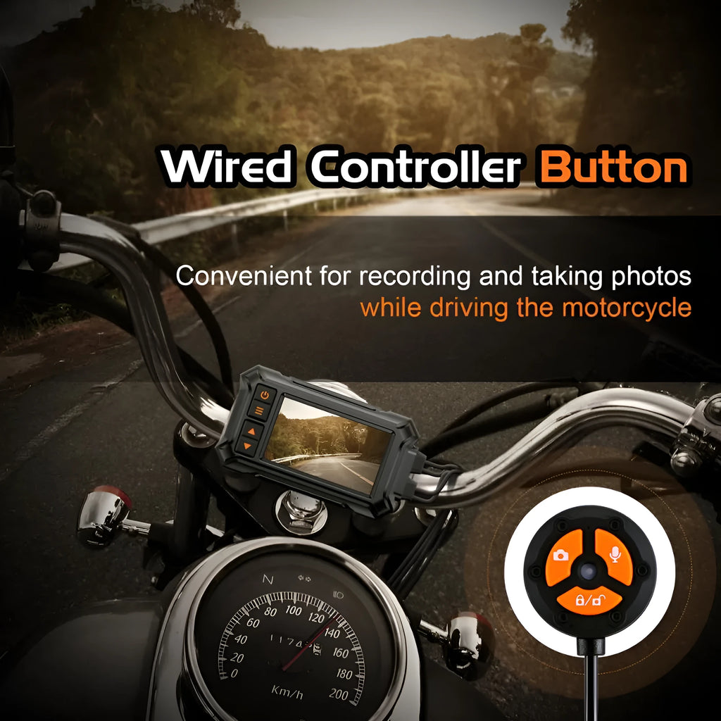 Motorcycle GPS tachograph recorder with dual cameras, GPS module, and installation cables on a handlebar.