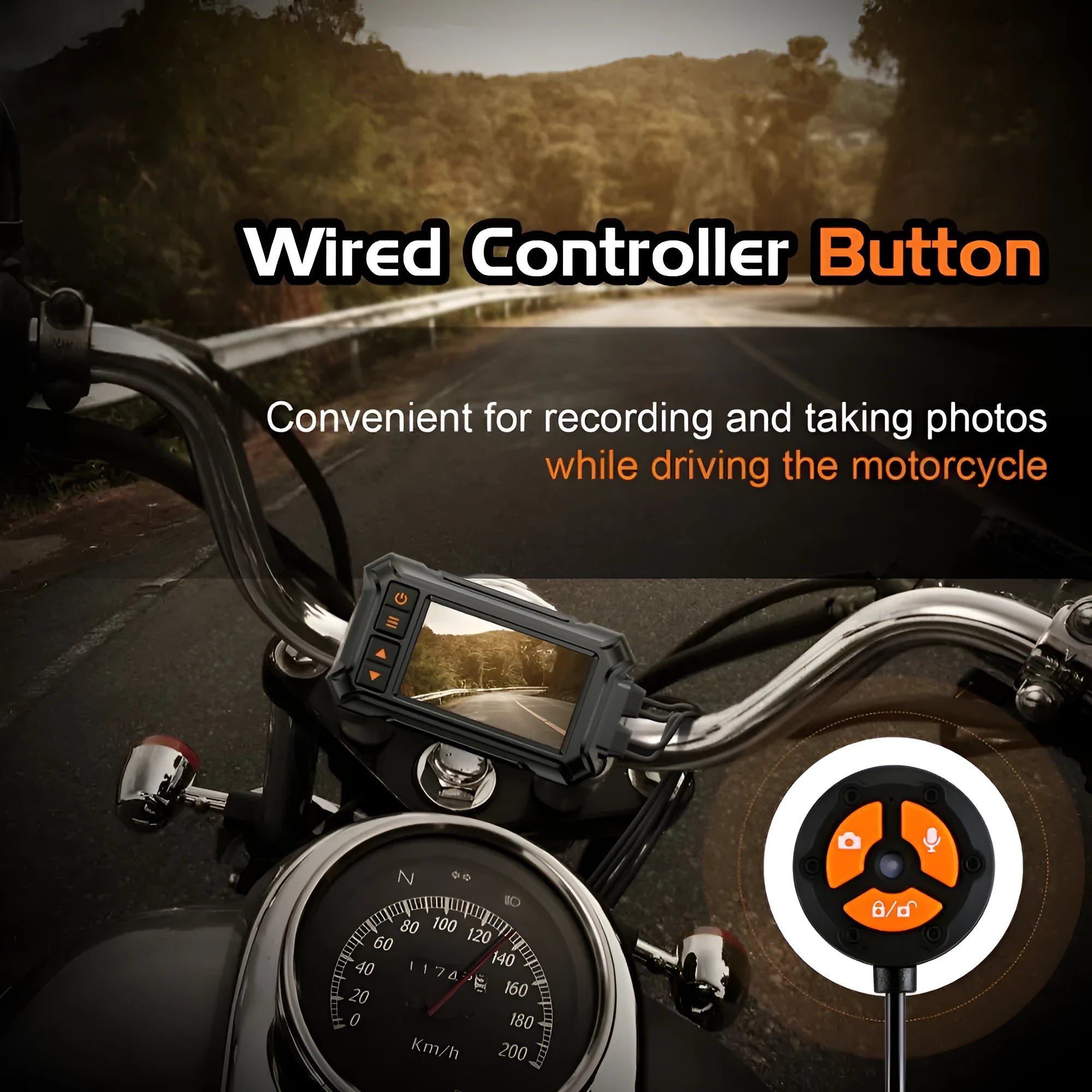Motorcycle GPS tachograph recorder with dual cameras, GPS module, and installation cables on a handlebar.