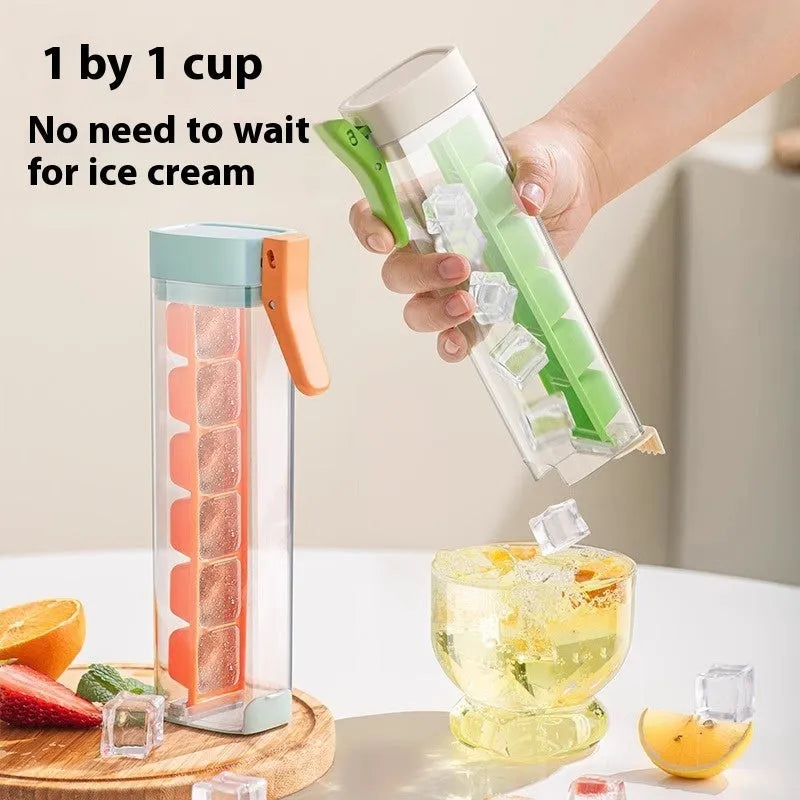 Food grade plastic ice cube tray with one-press release lever and storage box in Maldives blue or pearl white
