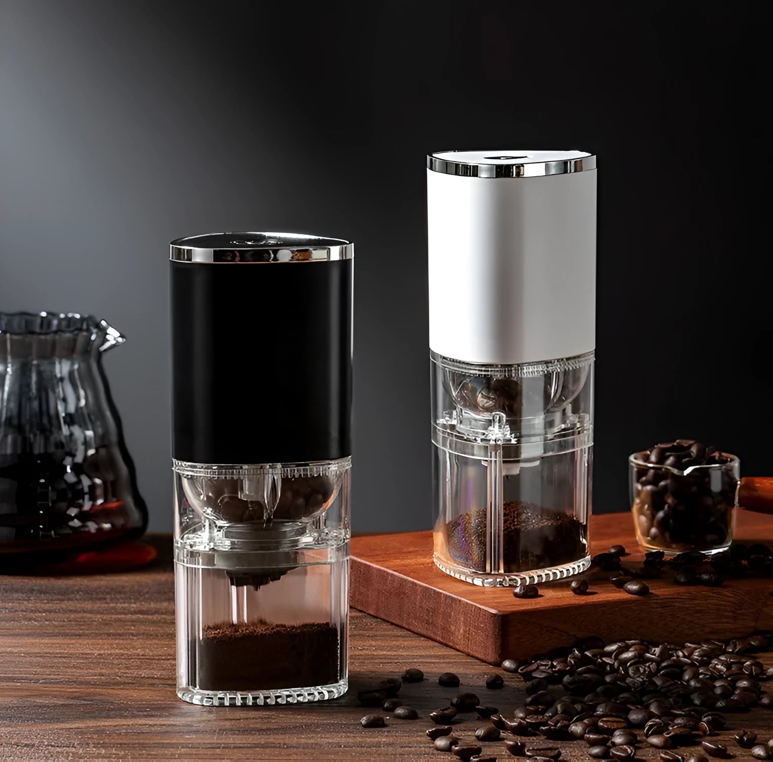 White and black portable electric coffee grinder with ceramic burr and USB charging cable