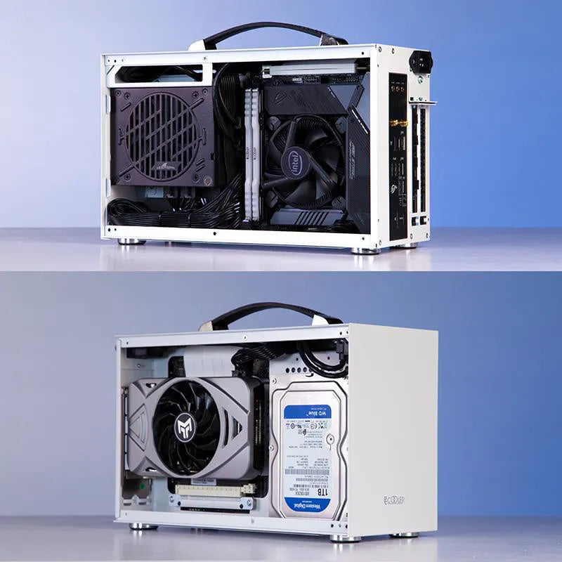 Hummingbird PRO titanium grey and white ITX desktop computer case for mini-ITX motherboard.