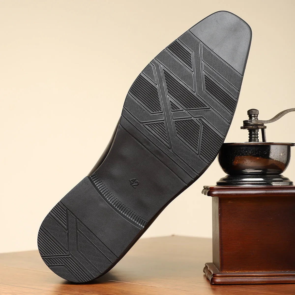 Men's brown retro formal shoes with square toe and side zipper on a rubber sole.