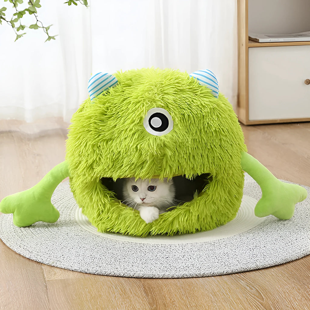 Round fluffy cat bed with plush surface and non-slip bottom in three size options