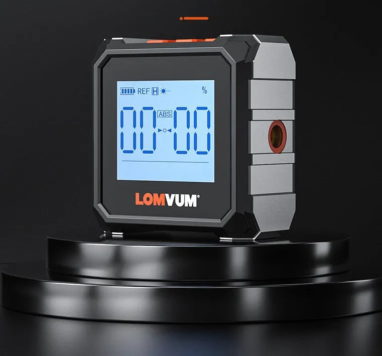 Digital laser infrared tape measure inclinometer with alloy casing and magnetic strips on a metal surface.