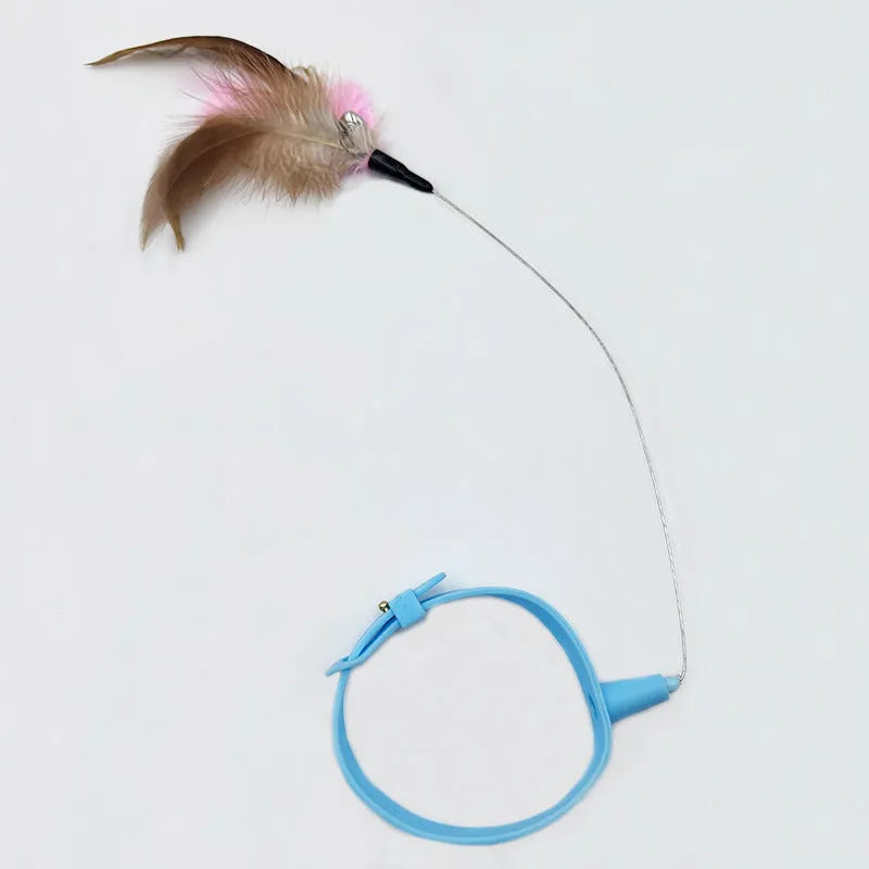 Adjustable cat collar toy with elastic feather teaser in pink or blue colour options