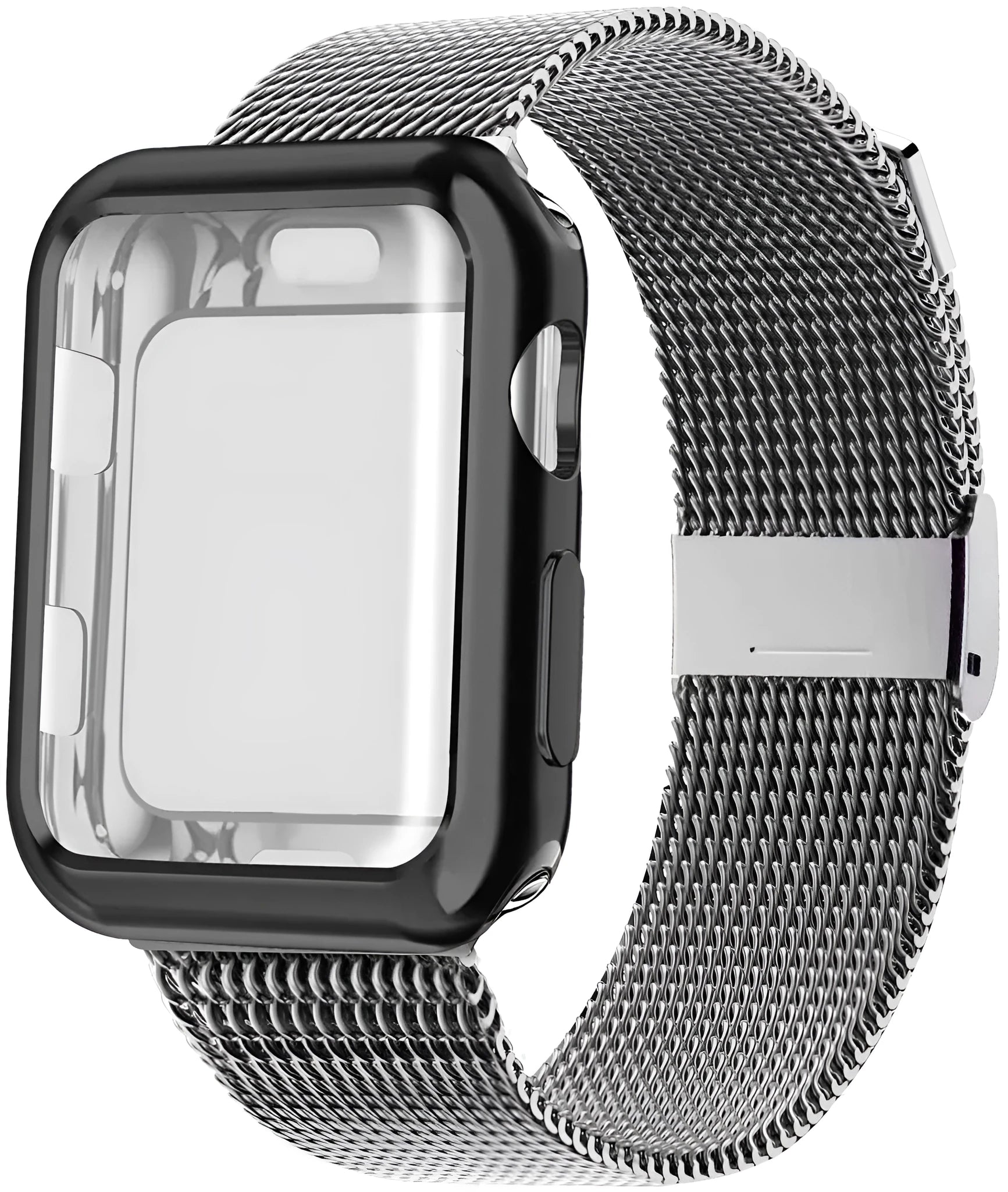 Magnetic Milanese metal loop band for Apple Watch in silver, shown attached to a watch.