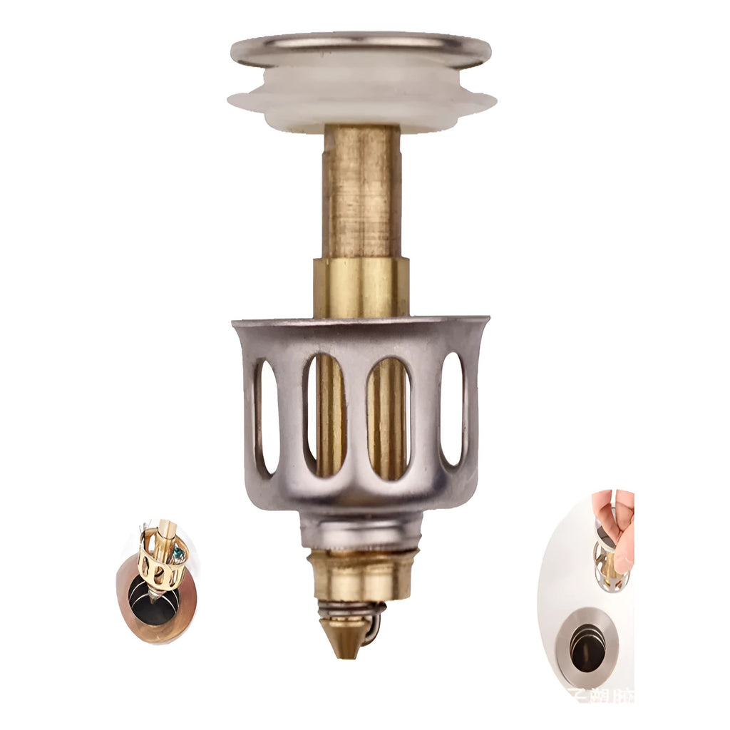 White single hole kitchen sink filter basket with copper element and manual press bounce mechanism.