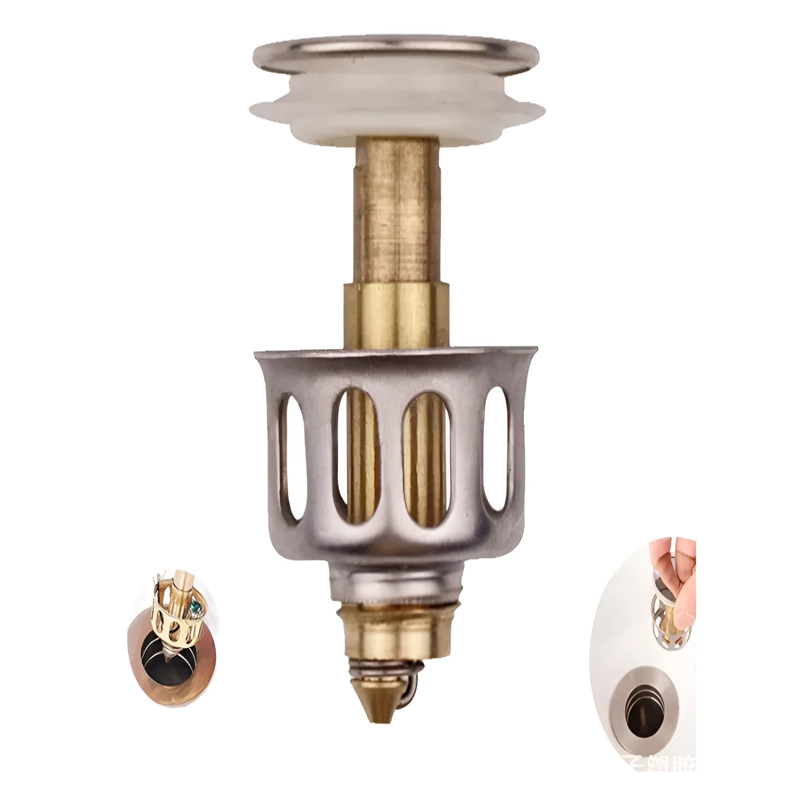 White single hole kitchen sink filter basket with copper element and manual press bounce mechanism.