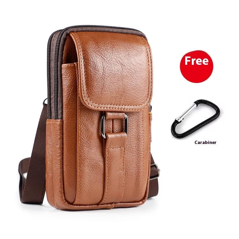 Men's black genuine leather waist crossbody bag with vertical square design and internal coin pocket