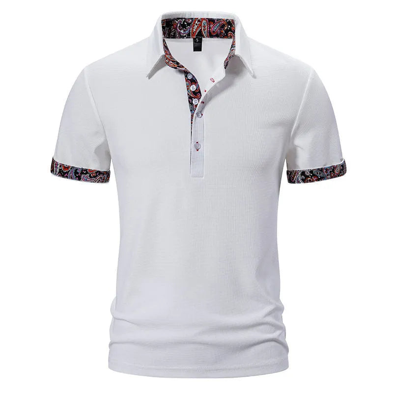 Men's cotton blend polo shirt in black with colour stitching detail and a turnover collar.