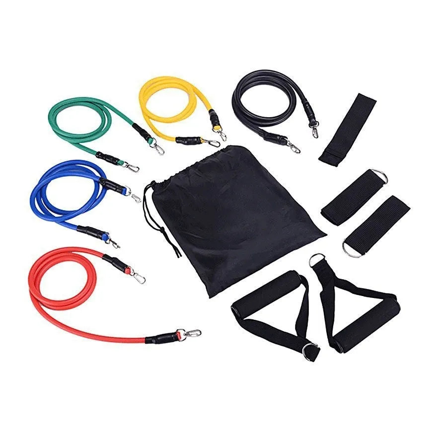 Multi-functional door sports 11-piece set with a combination pulling rope and hook options on a door.