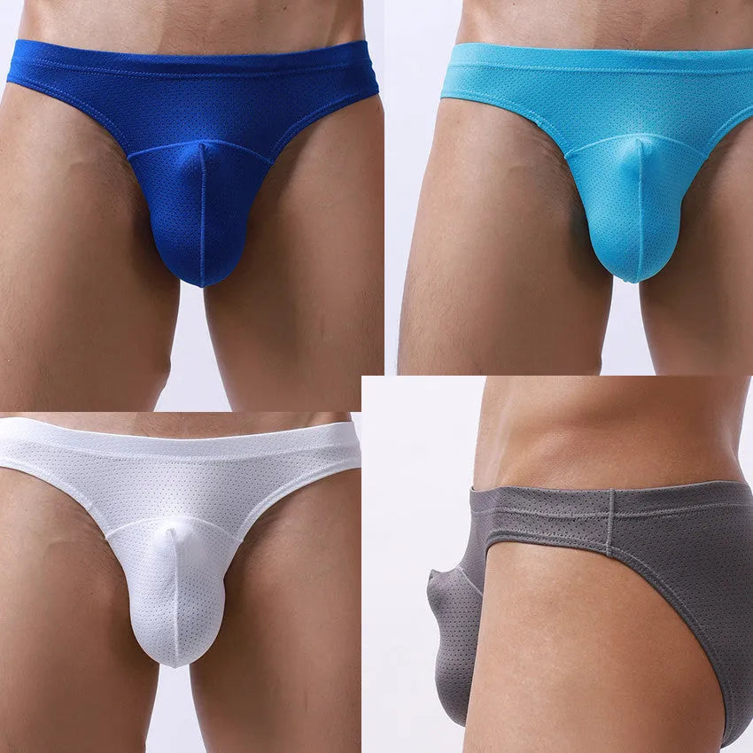 Men's transparent loose-fit nylon underwear in blue on a white background.