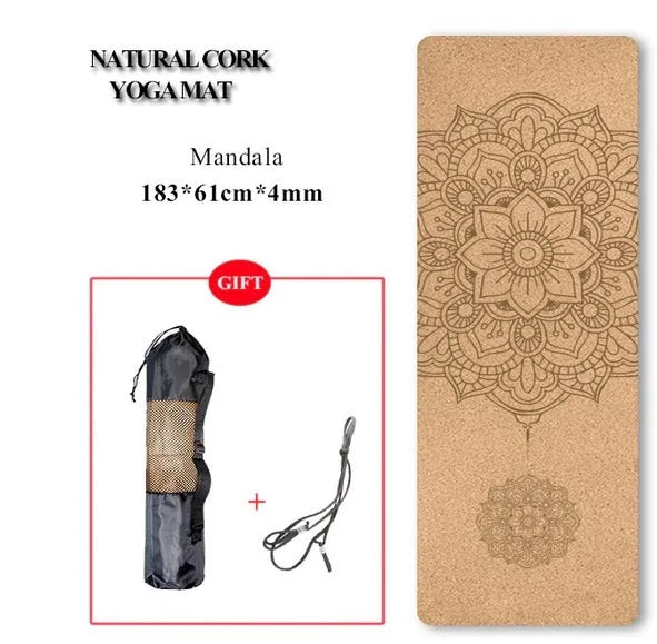 Cork TPE yoga mat on floor, 183x61cm, non-slip surface shown with subtle cork texture and TPE back