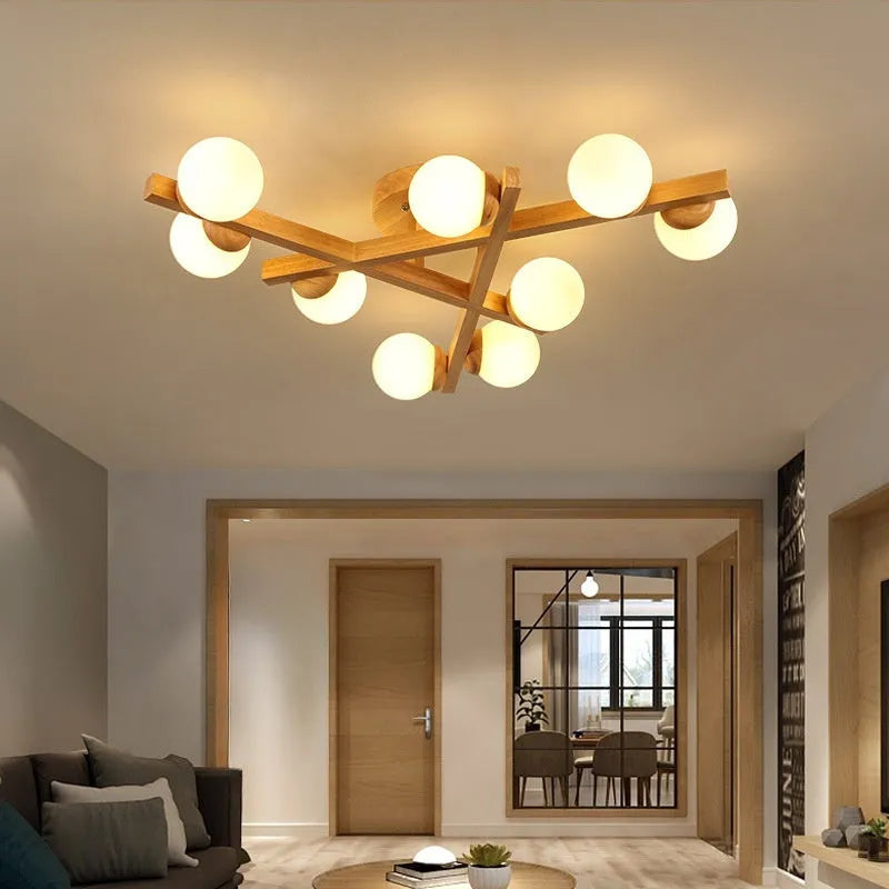 Wooden style modern ceiling lamp with three light heads for living room
