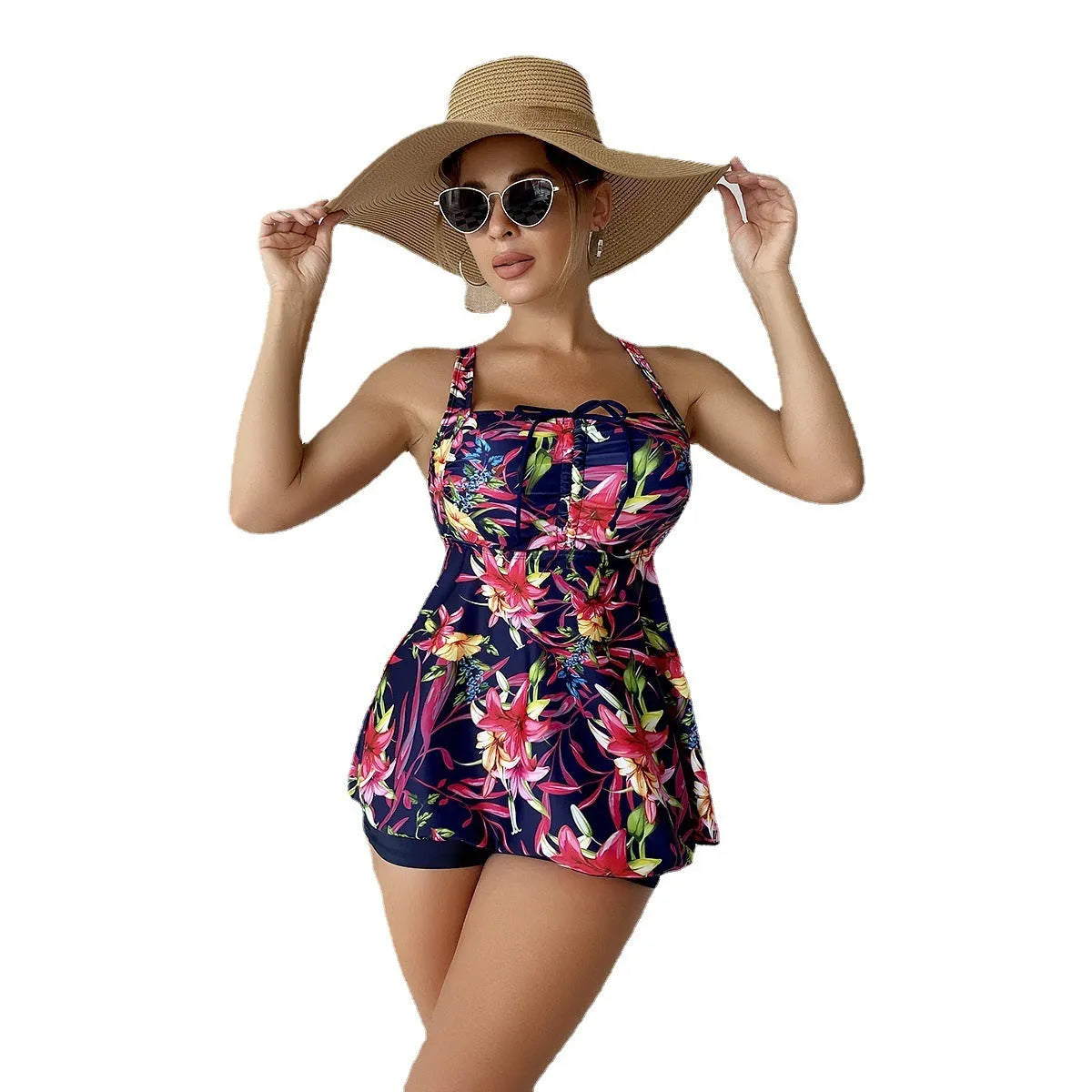 Women's high-waist skirt style one-piece swimsuit with a floral print in a blue pattern.