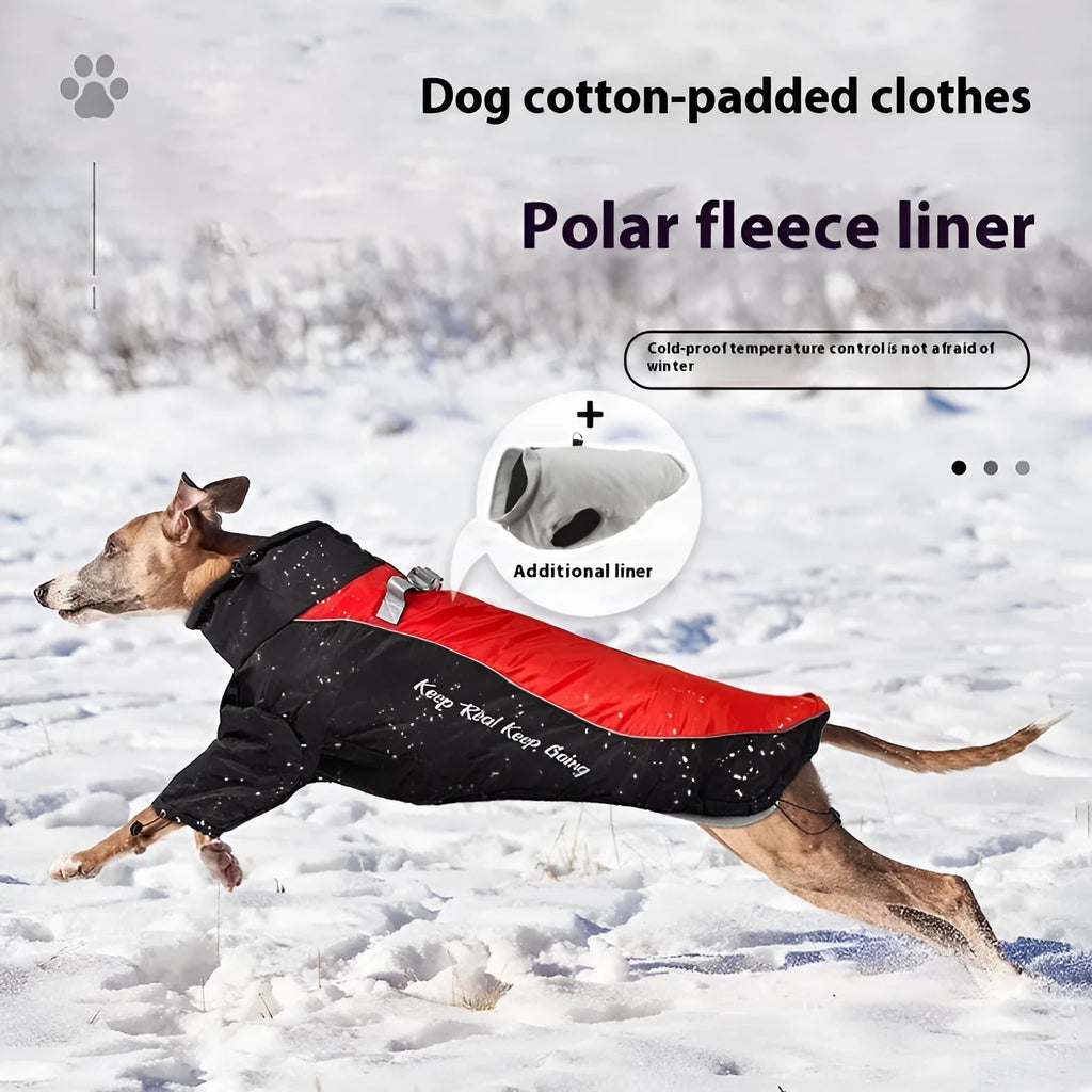 Polar fleece dog jacket with detachable liner in colour options like Black Red and Blue Orange