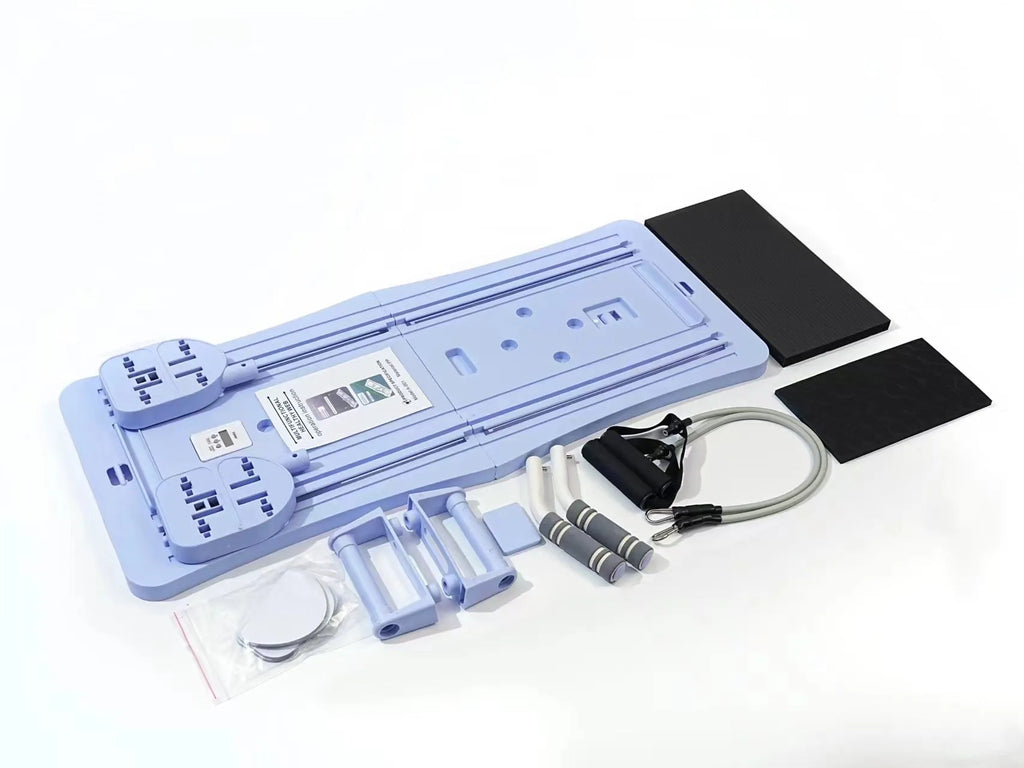 Purple foldable plastic fitness board lying flat on a floor.