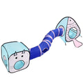Foldable pet tunnel with cat and fish design in collapsed and expanded positions