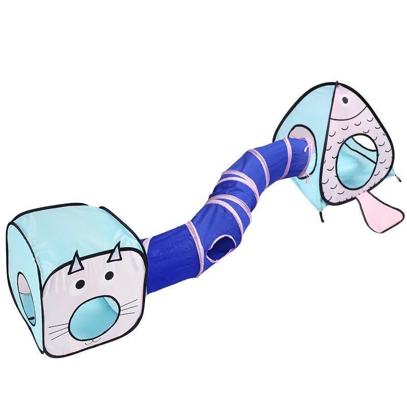 Foldable pet tunnel with cat and fish design in collapsed and expanded positions
