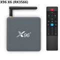 Android smart TV set-top box with voice remote control on a wooden table.