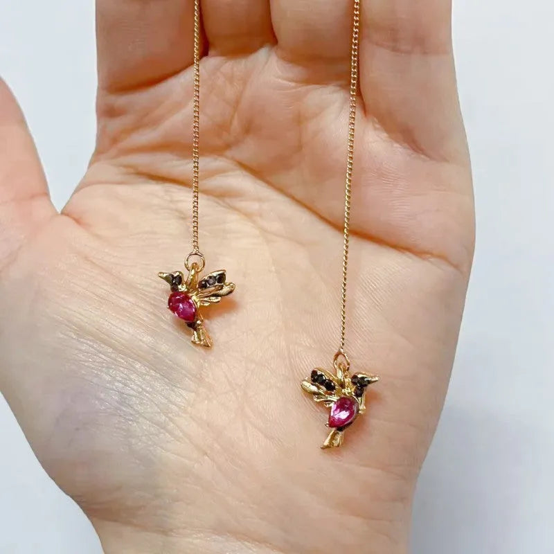 Personalised bird hanging long earrings with zirconium wings in red, blue, or red lvzuan colours
