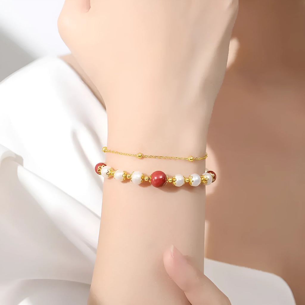 Sterling silver double-layer bracelet with red bean freshwater pearls and geometric bean charms in new Chinese style