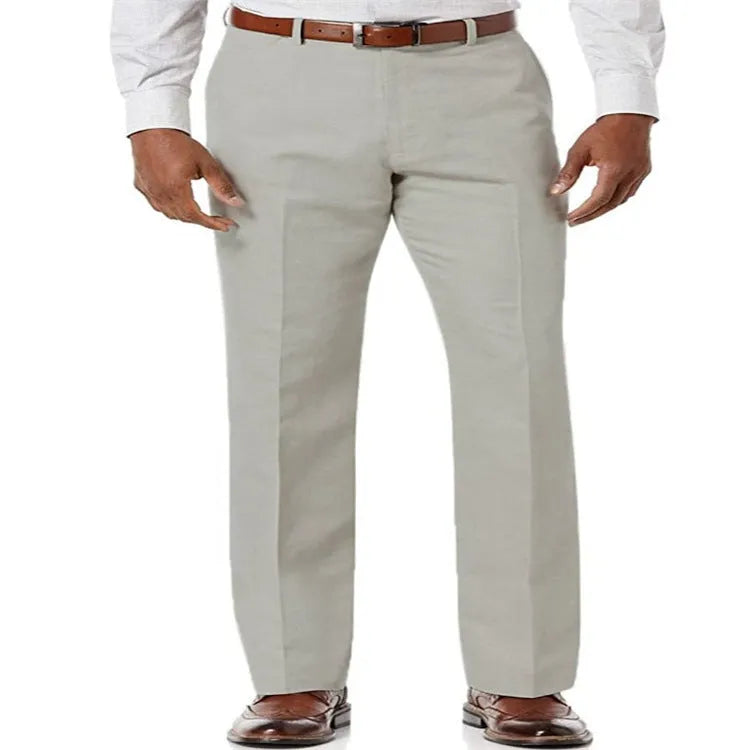 Men's beige white linen blend casual trousers with slant pockets laid flat.