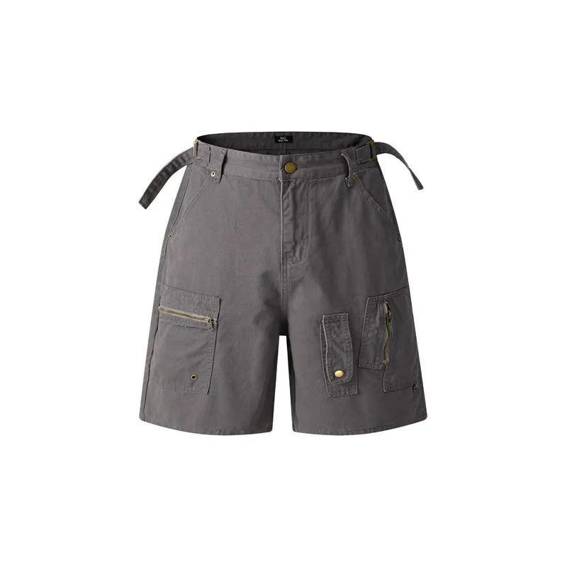 Retro washed cotton shorts for men and women with a zip fly and loose fit, shown in grey, green, camouflage, or blue.