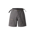 Retro washed cotton shorts for men and women with a zip fly and loose fit, shown in grey, green, camouflage, or blue.