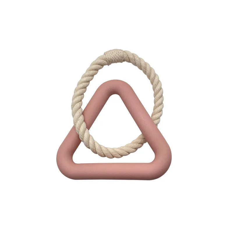 Large triangular cotton rope pull ring pet toy with a long leash in beige, pink, or purple colour options.
