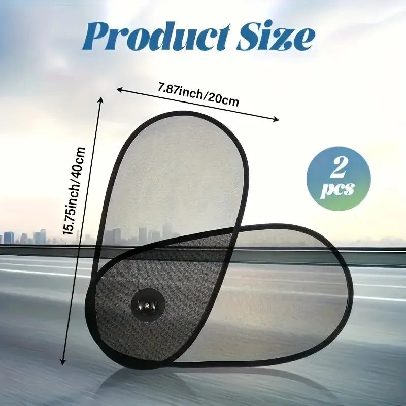 Black stretchy car side window sunshade for babies attached with suction cups.