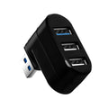 Black and white USB 3.0 four-port rotary splitter hub on a blister card packaging.