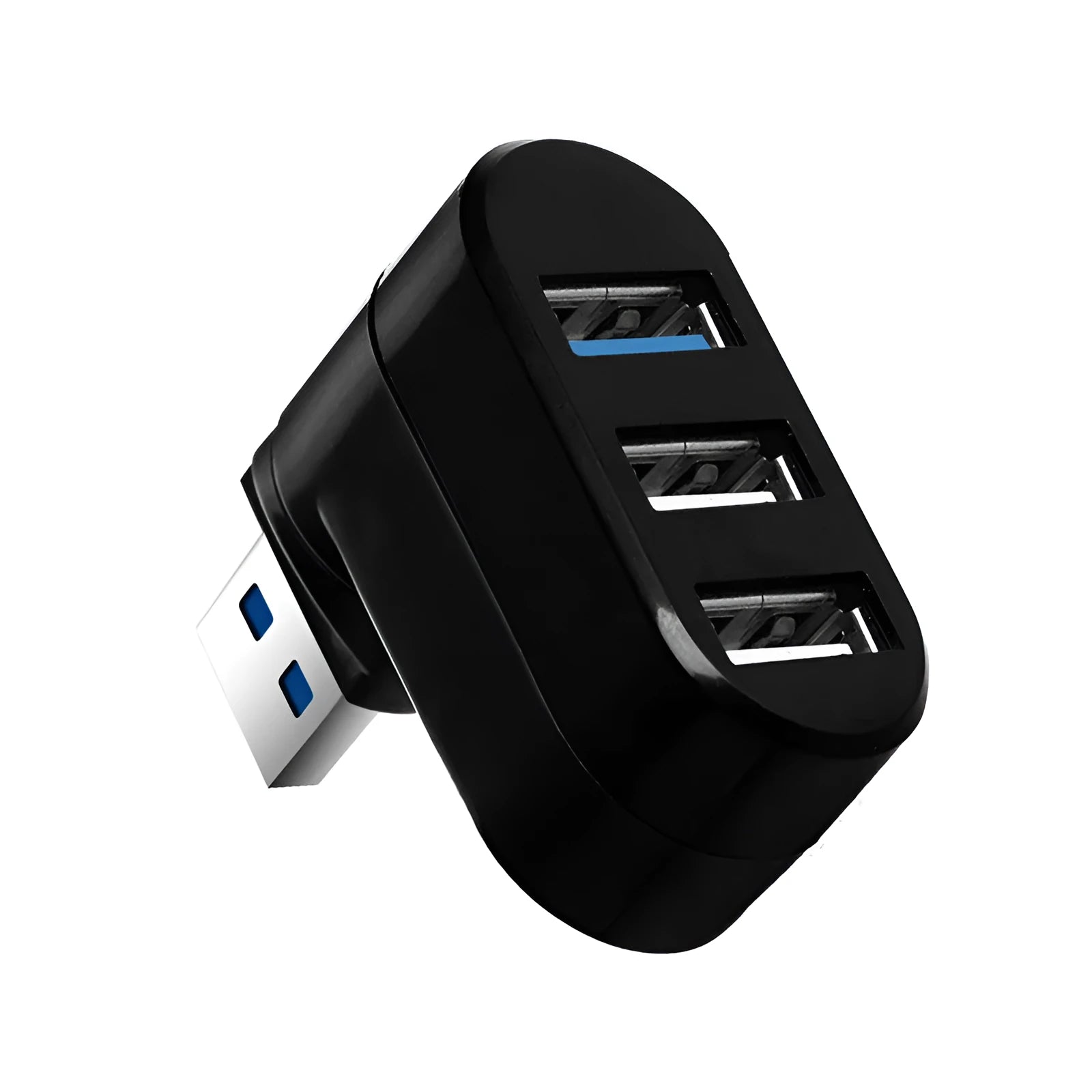 Black USB rotary splitter hub with four USB 3.0 ports on a white desk.