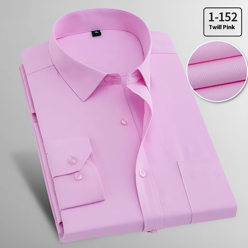 Men's white long sleeve flax business shirt shown alongside pink diagonal and red plain colour options