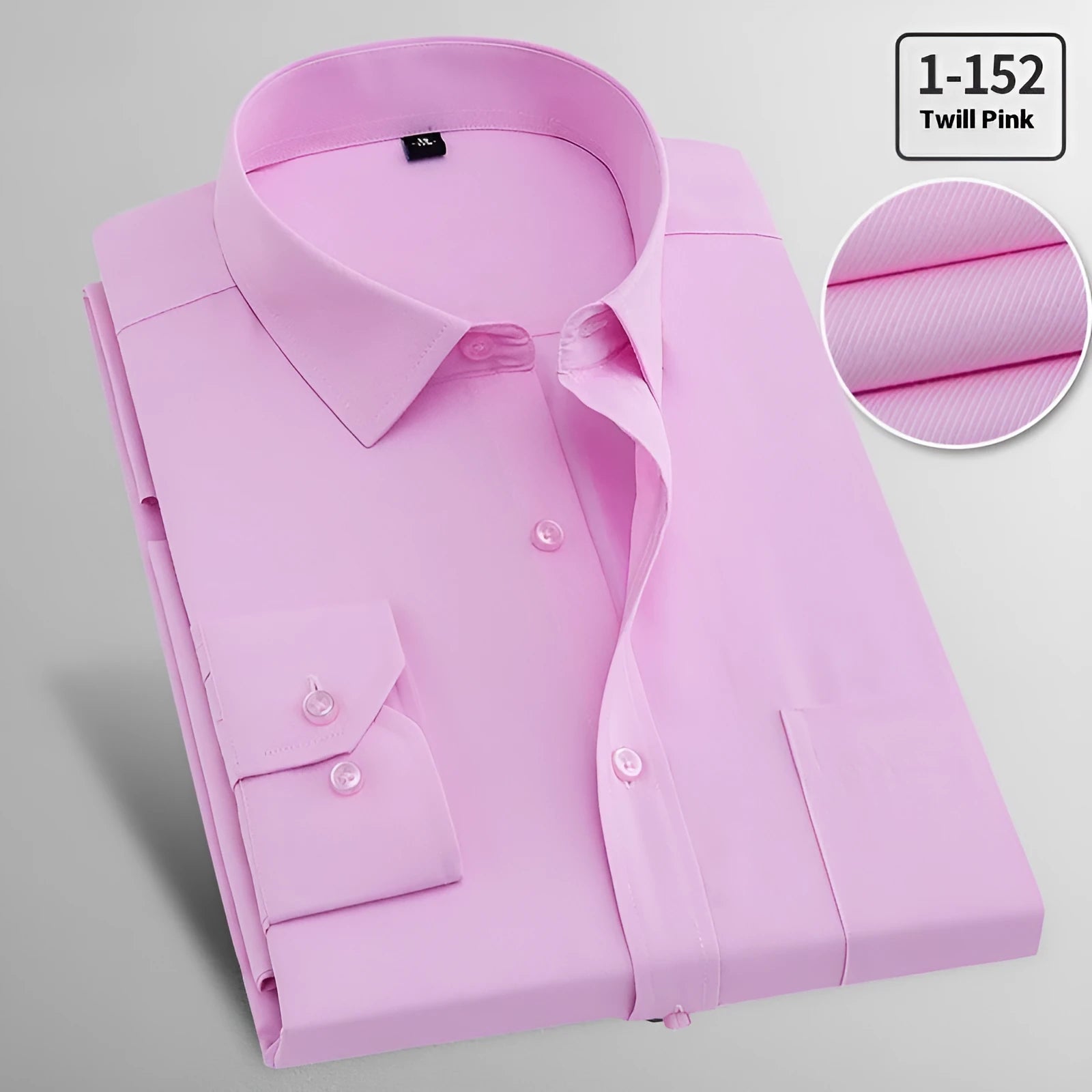 Men's white long sleeve flax business shirt shown alongside pink diagonal and red plain colour options