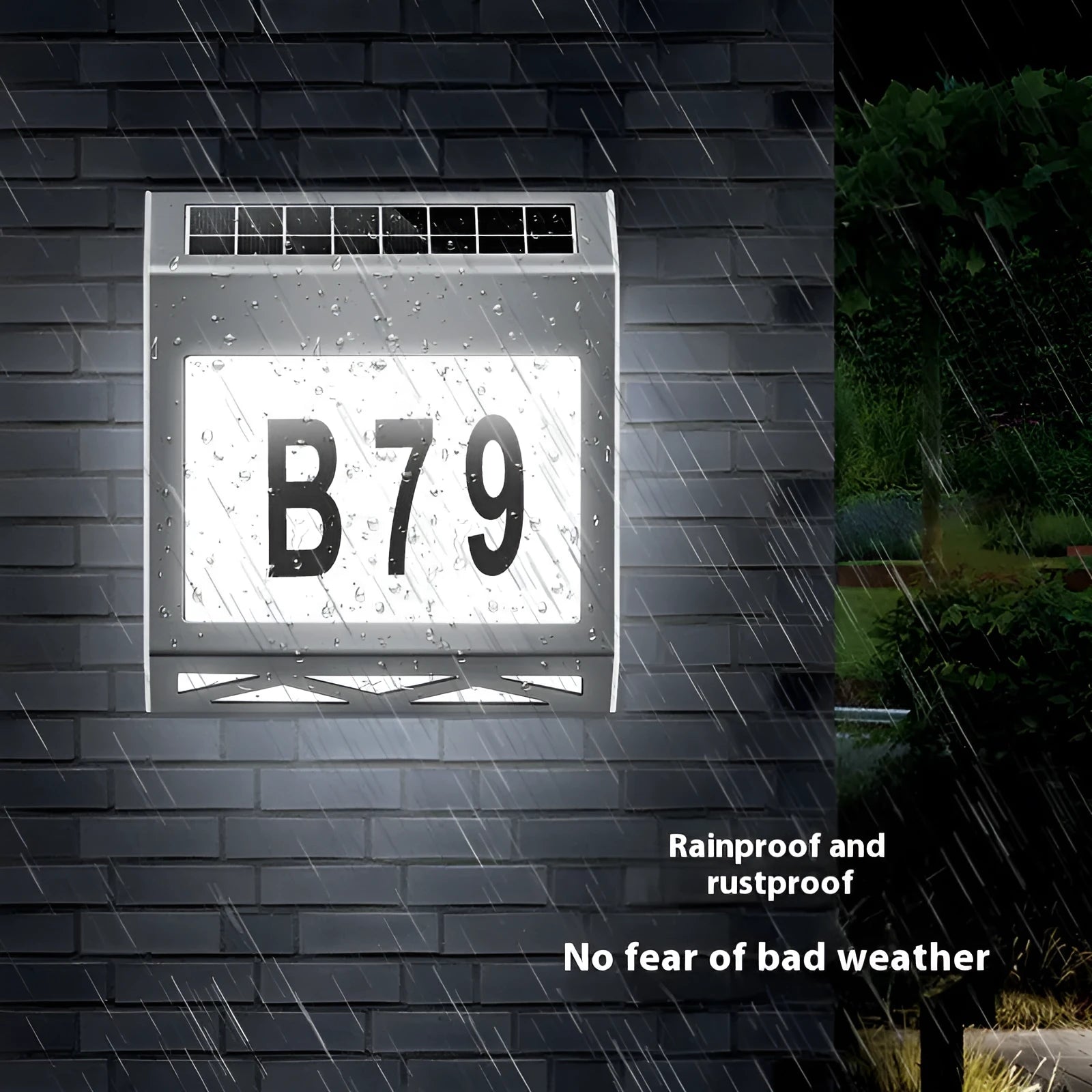 Solar-powered outdoor doorplate light with digital display showing house numbers