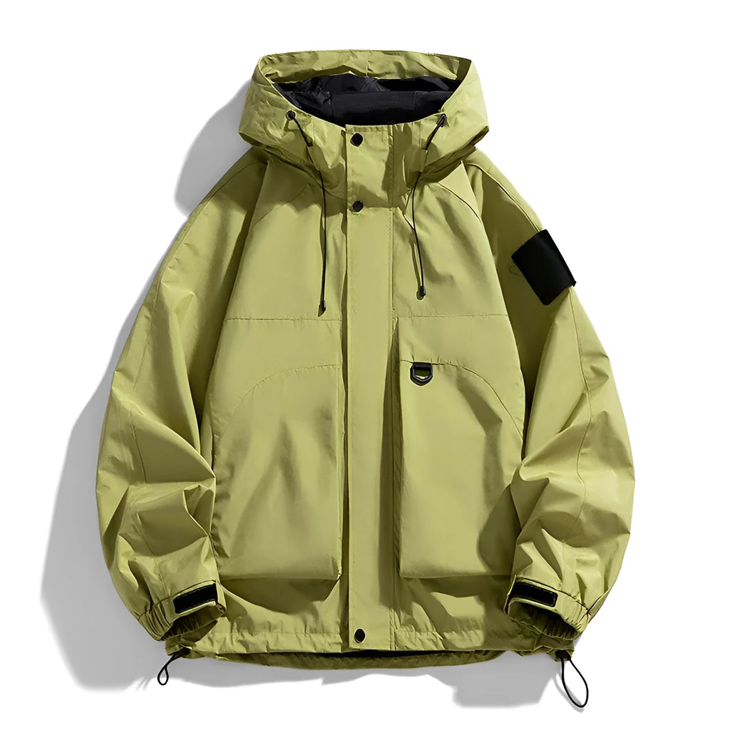 Men's black hooded windproof waterproof coat with long sleeves, shown in a regular length cut.