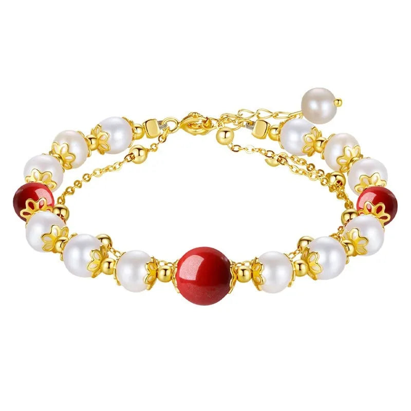 Sterling silver double-layer bracelet with red bean freshwater pearls and geometric bean charms in new Chinese style