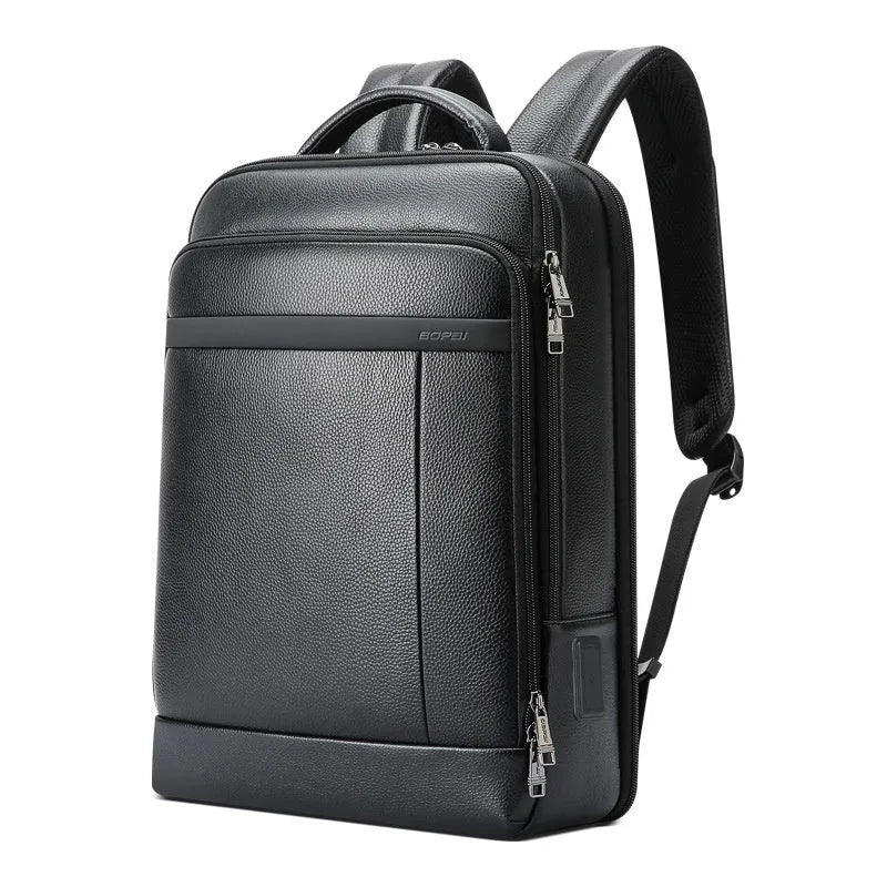Black genuine leather men's business backpack with USB port and curved straps.