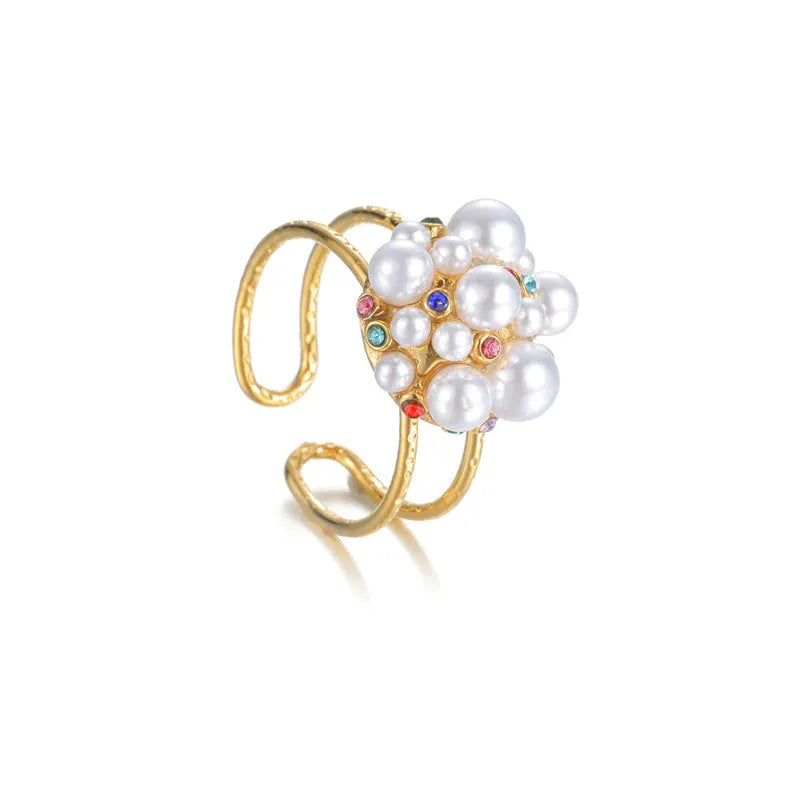 Women's stainless steel ring with zircon and pearl decorative elements in open-mouth design