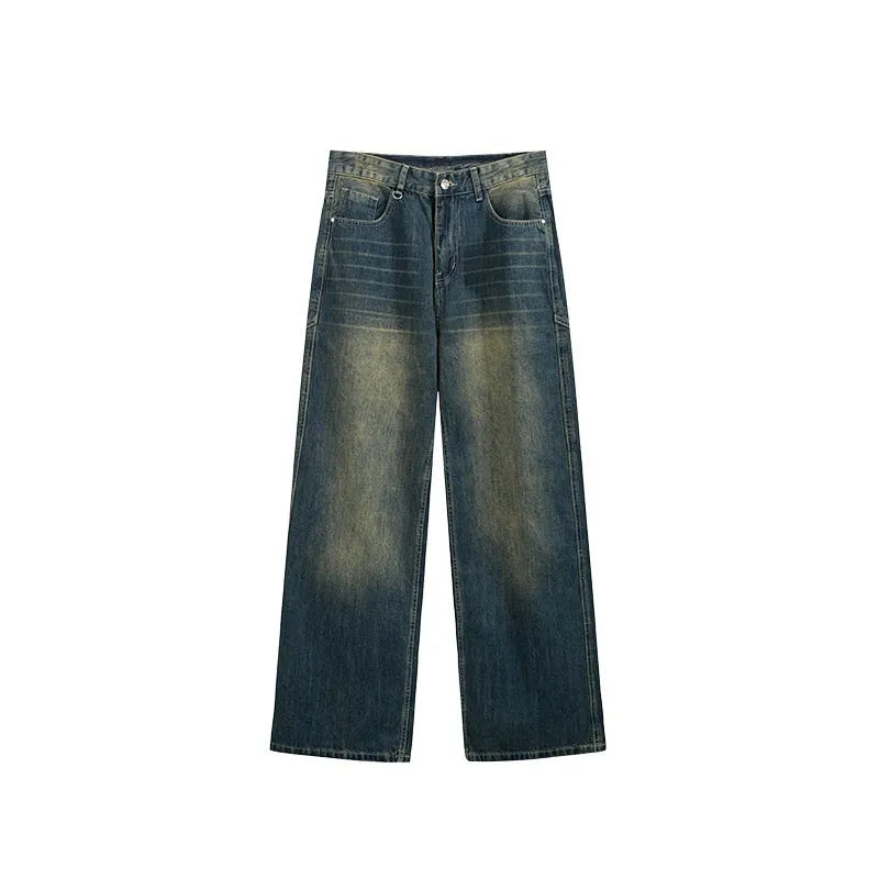 Men's wide leg jeans in washed denim with straight leg cut and mid waist design