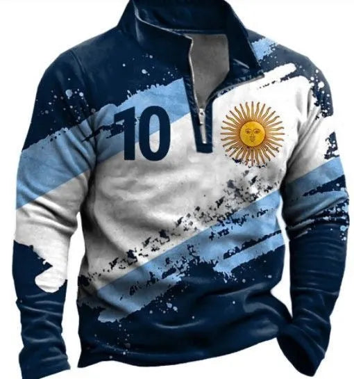 Man wearing a loose-fit, long-sleeve t-shirt with retro striped colour printing and a decorative zip detail.