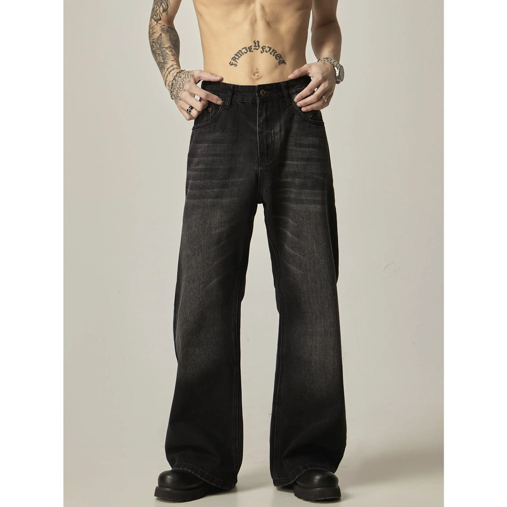 Black loose straight leg jeans with American retro styling and zipper fly