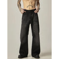 Black loose straight leg jeans with American retro styling and zipper fly