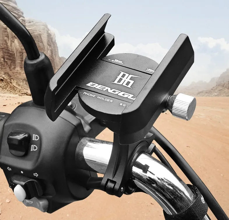 Black aluminium bicycle phone holder mounted on a handlebar, showing phone width compatibility from 55mm to 100mm.
