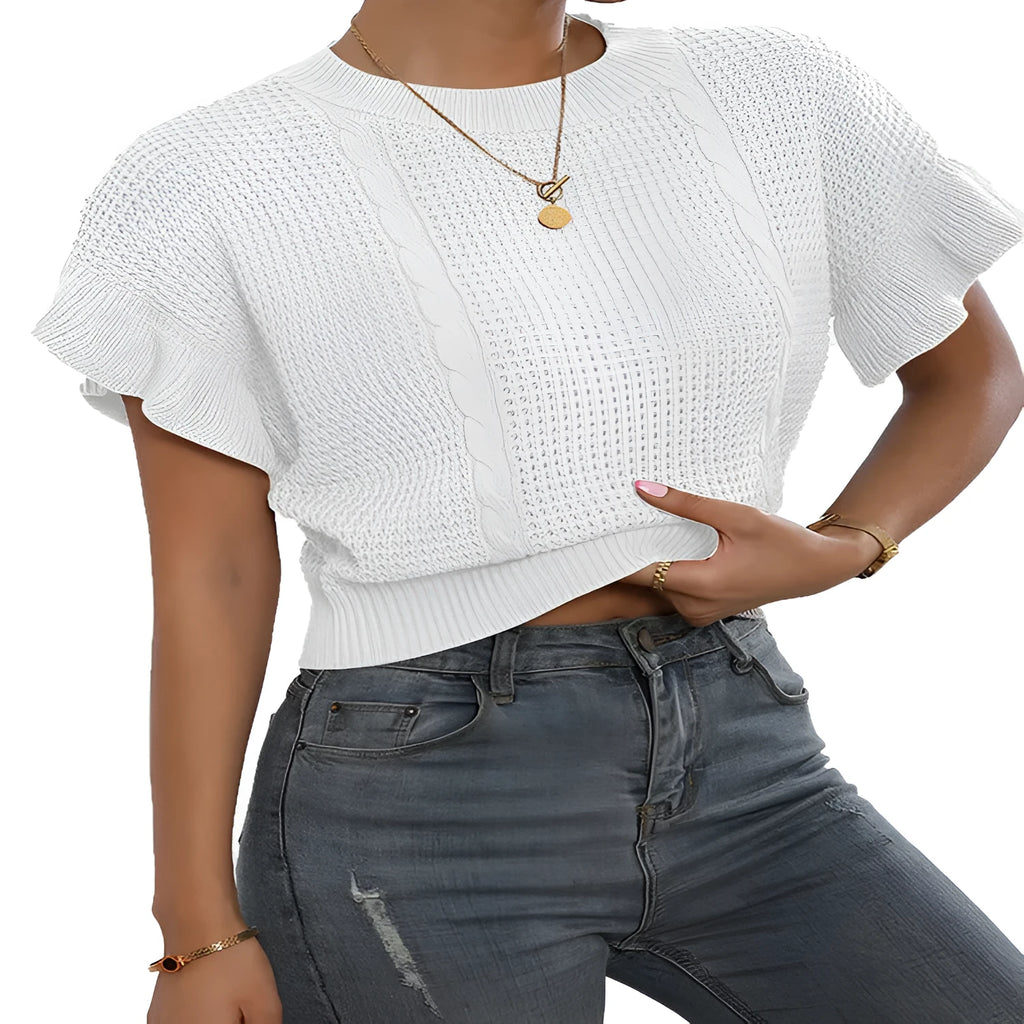 Twisted string design knitted pullover sweater with ruffle short sleeves in loose Japanese Korean casual style