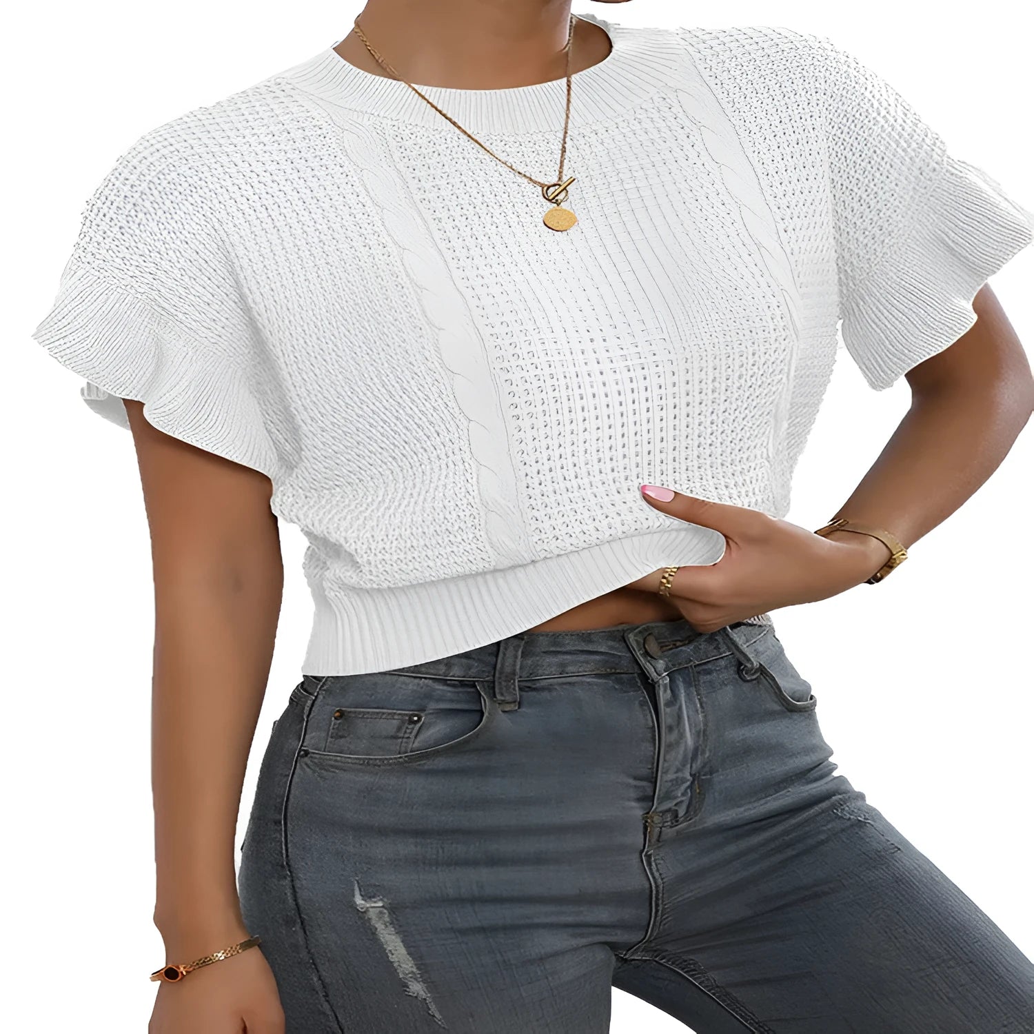 Twisted string design knitted pullover sweater with ruffle short sleeves in loose Japanese Korean casual style