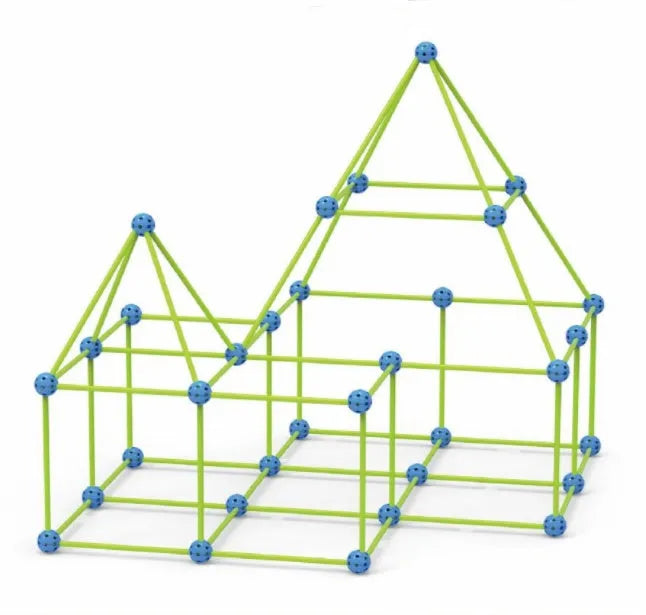 Children's plastic fort building kit with glowing sticks and connector balls assembled into a play tunnel.