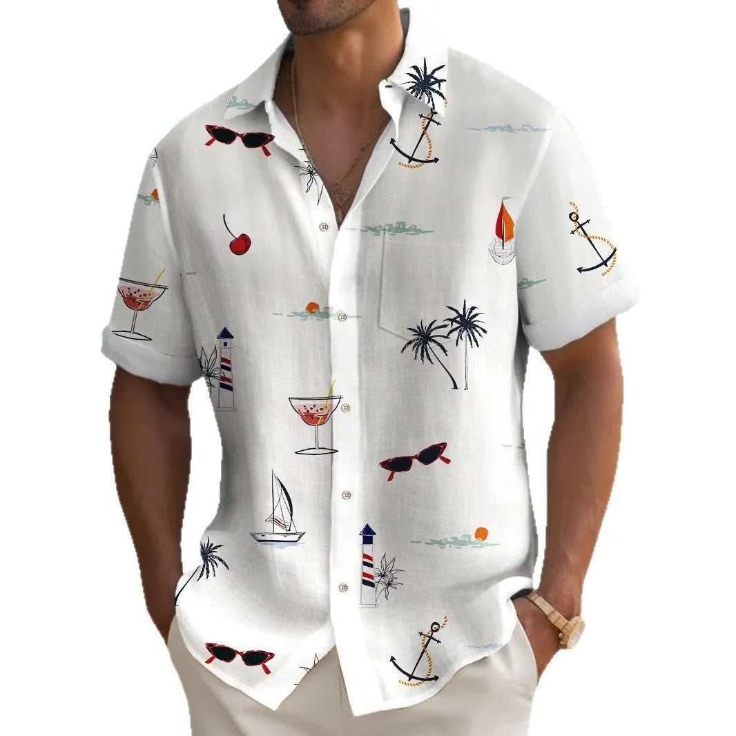 Man wearing a loose-fit digital print Hawaiian shirt in a colourful pattern.